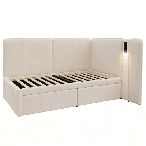 Cama de dia 90 x 200 cm - 2 gavetas, estofada, sofá-cama com porta USB e candeeiro de leitura - bege