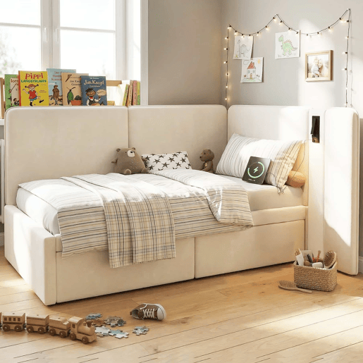 Cama de dia 90 x 200 cm - 2 gavetas, estofada, sofá-cama com porta USB e candeeiro de leitura - bege