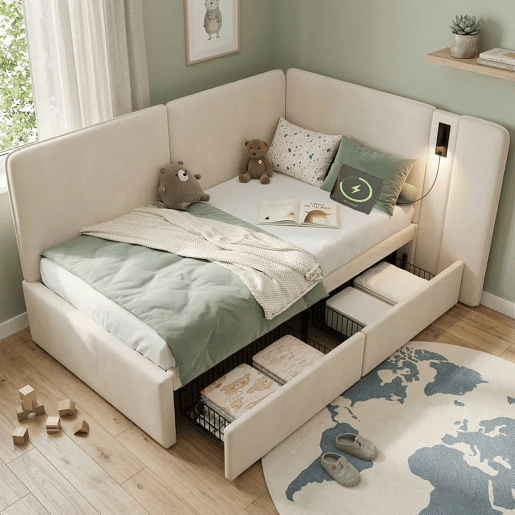Cama de dia 90 x 200 cm - 2 gavetas, estofada, sofá-cama com porta USB e candeeiro de leitura - bege