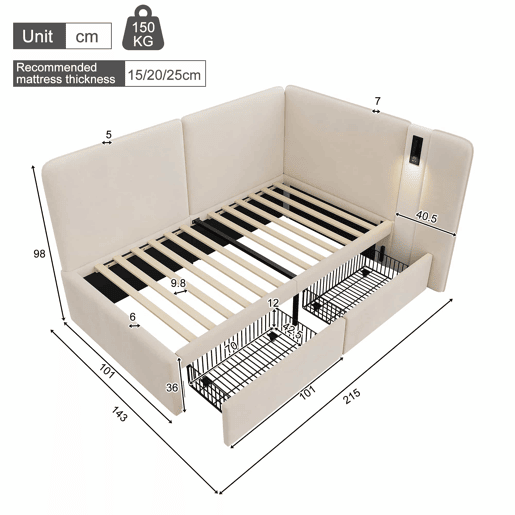 Cama de dia 90 x 200 cm - 2 gavetas, estofada, sofá-cama com porta USB e candeeiro de leitura - bege