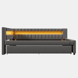 Sofá-cama 90x200 cm - LED com comando, cama extra, USB + TYPE-C, linho - cinzento