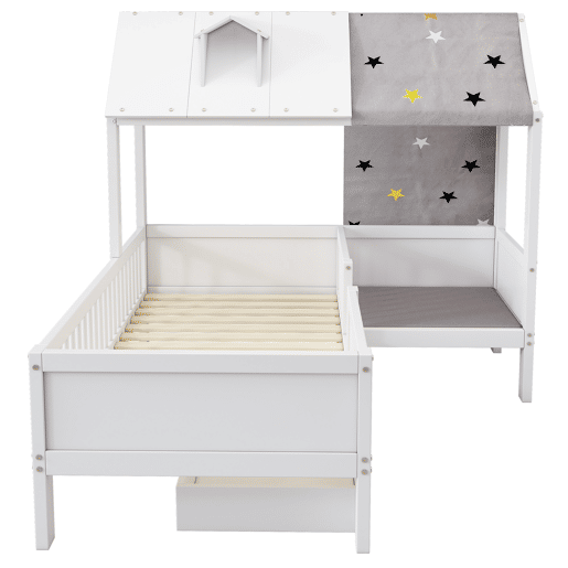 Cama infantil 90x200 - Multifuncional em forma de casa, com tela de tenda e almofadas, gavetas inferiores, sem colchão - Branco