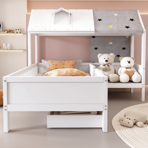 Cama infantil 90x200 - Multifuncional em forma de casa, com tela de tenda e almofadas, gavetas inferiores, sem colchão - Branco