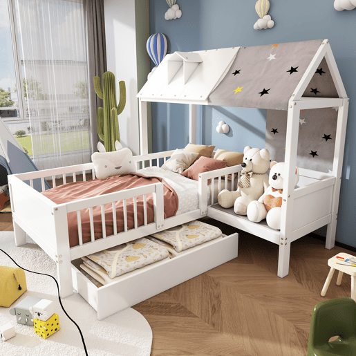 Cama infantil 90x200 - Multifuncional em forma de casa, com tela de tenda e almofadas, gavetas inferiores, sem colchão - Branco