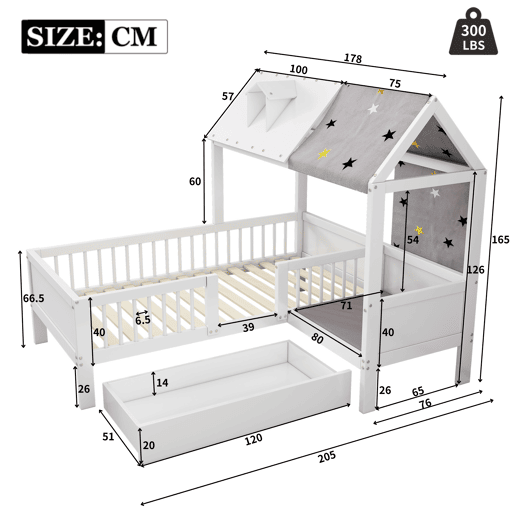 Cama infantil 90x200 - Multifuncional em forma de casa, com tela de tenda e almofadas, gavetas inferiores, sem colchão - Branco