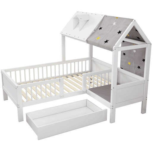 Cama infantil 90x200 - Multifuncional em forma de casa, com tela de tenda e almofadas, gavetas inferiores, sem colchão - Branco