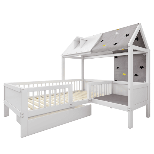 Cama infantil 90x200 - Multifuncional em forma de casa, com tela de tenda e almofadas, gavetas inferiores, sem colchão - Branco