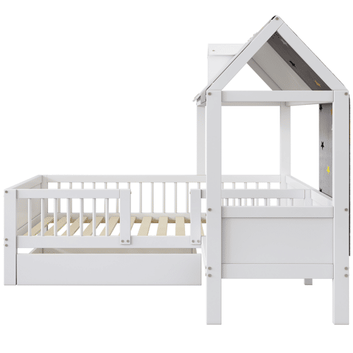 Cama infantil 90x200 - Multifuncional em forma de casa, com tela de tenda e almofadas, gavetas inferiores, sem colchão - Branco