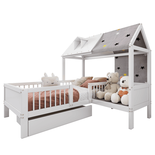 Cama infantil 90x200 - Multifuncional em forma de casa, com tela de tenda e almofadas, gavetas inferiores, sem colchão - Branco
