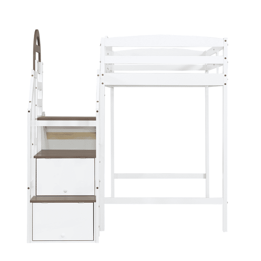 Beliche 90x200cm - Com janela, escorregador, escada com corrimão, 2 gavetas na escada, design versátil, grande capacidade de armazenamento - Branco+Madeira