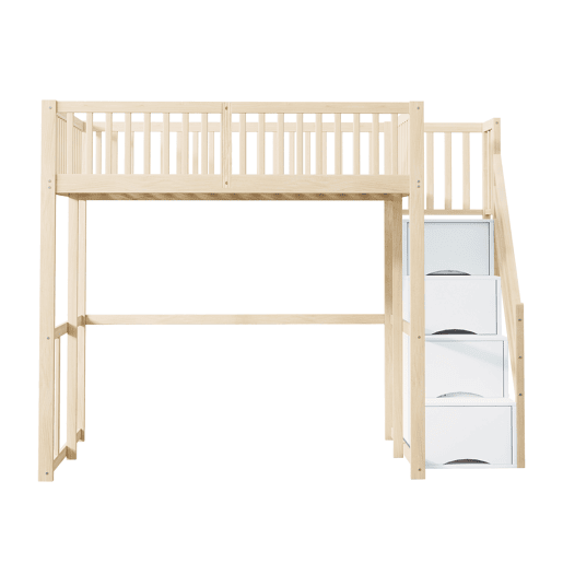 Cama alta 140x200 cm - Escada de segurança com arrumação, estrutura em pinho, cor madeira Cama alta 140x200 cm - Escada de segurança com arrumação, estrutura em pinho, cor madeira