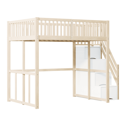 Cama alta 140x200 cm - Escada de segurança com arrumação, estrutura em pinho, cor madeira Cama alta 140x200 cm - Escada de segurança com arrumação, estrutura em pinho, cor madeira