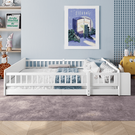Cama infantil 140x200cm - Madeira de pinho, arrumação aberta, prateleiras, estrutura desmontável - Branco