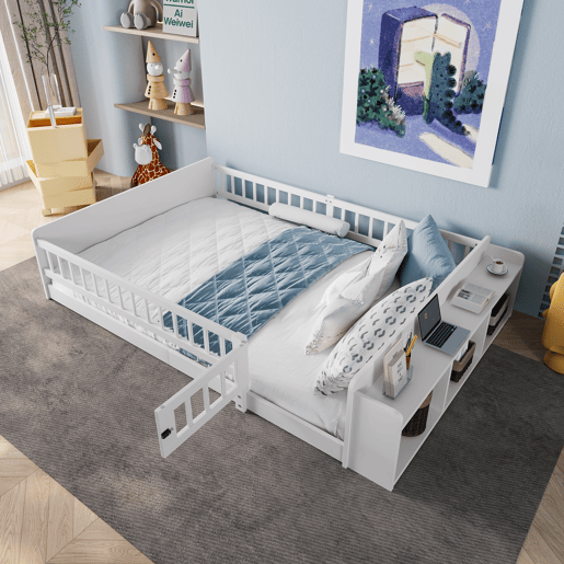 Cama infantil 140x200cm - Madeira de pinho, arrumação aberta, prateleiras, estrutura desmontável - Branco