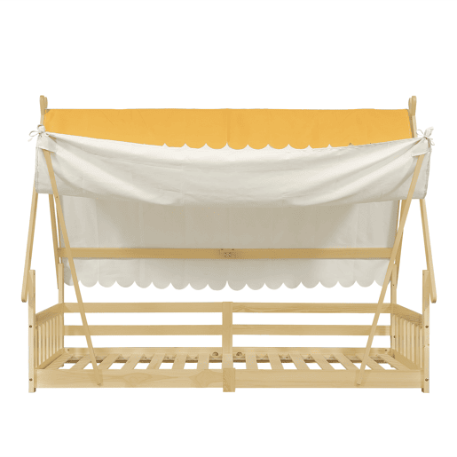 Cama infantil 90x200cm - Design em madeira, com grade e rodapé removível - Branco + Natural