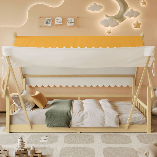 Cama infantil 90x200cm - Design em madeira, com grade e rodapé removível - Branco + Natural