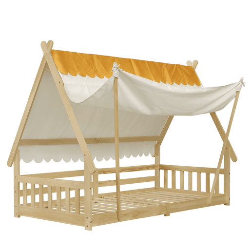 Cama infantil 90x200cm - Design em madeira, com grade e rodapé removível - Branco + Natural