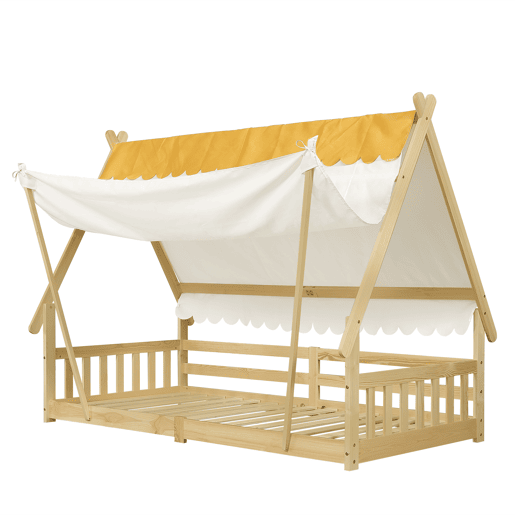 Cama infantil 90x200cm - Design em madeira, com grade e rodapé removível - Branco + Natural