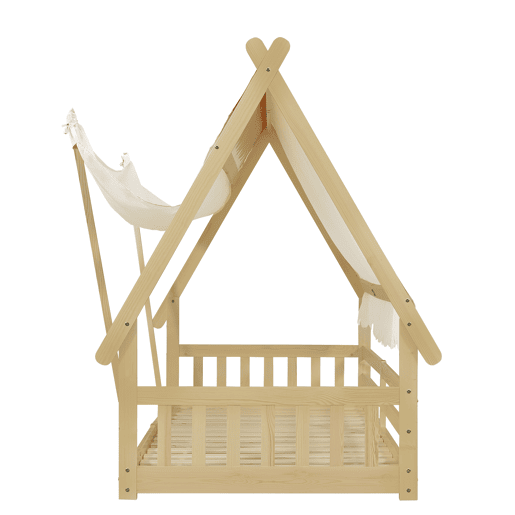 Cama infantil 90x200cm - Design em madeira, com grade e rodapé removível - Branco + Natural