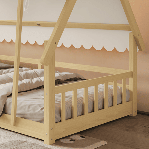 Cama infantil 90x200cm - Design em madeira, com grade e rodapé removível - Branco + Natural