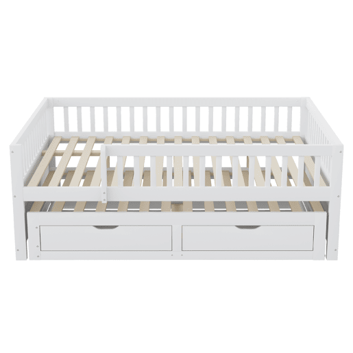 Sofá-cama em madeira maciça 140 x 200 cm - grade de segurança completa, cama extensível com 2 gavetas e estrado - branco