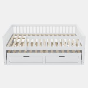 Sofá-cama em madeira maciça 140 x 200 cm - grade de segurança completa, cama extensível com 2 gavetas e estrado - branco