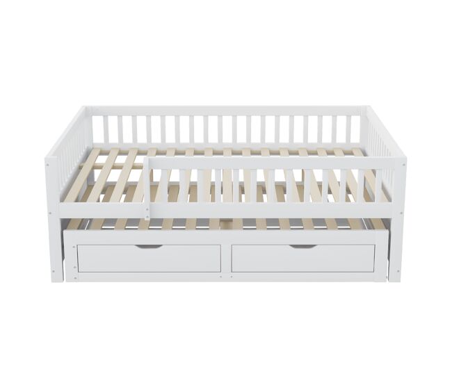 Sofá cama madera maciza 140 x 200 cm - barandilla de seguridad completa, cama extensible con 2 cajones y somier - blanco