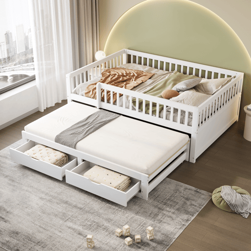 Sofá-cama em madeira maciça 140 x 200 cm - grade de segurança completa, cama extensível com 2 gavetas e estrado - branco