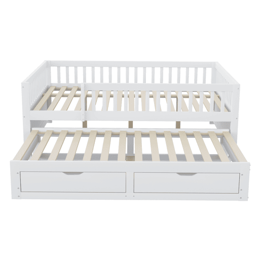 Sofá-cama em madeira maciça 140 x 200 cm - grade de segurança completa, cama extensível com 2 gavetas e estrado - branco