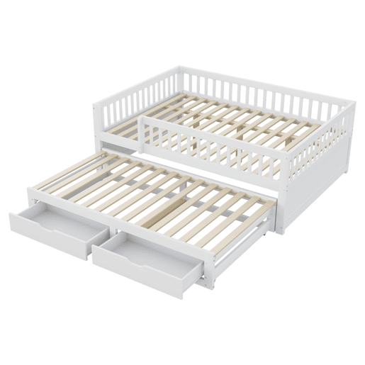 Sofá-cama em madeira maciça 140 x 200 cm - grade de segurança completa, cama extensível com 2 gavetas e estrado - branco