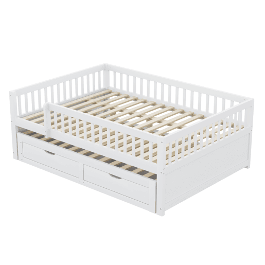 Sofá-cama em madeira maciça 140 x 200 cm - grade de segurança completa, cama extensível com 2 gavetas e estrado - branco