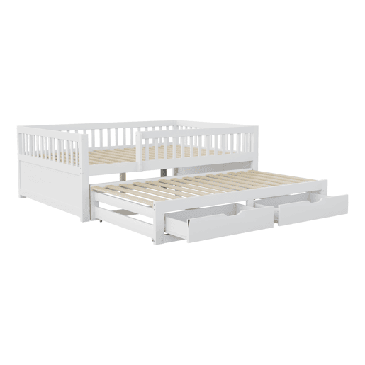 Sofá-cama em madeira maciça 140 x 200 cm - grade de segurança completa, cama extensível com 2 gavetas e estrado - branco