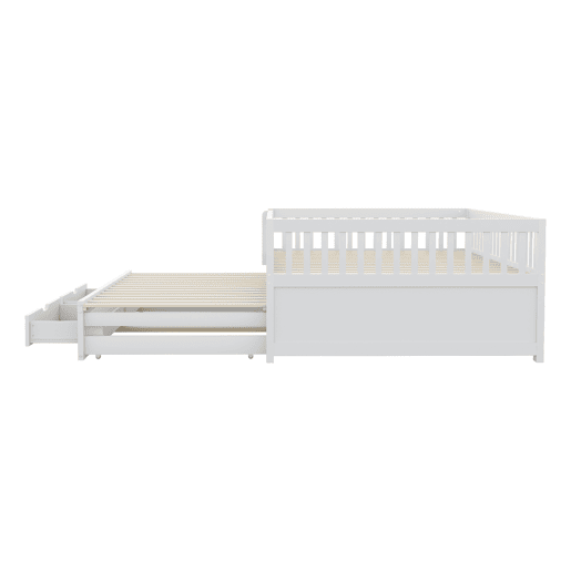 Sofá-cama em madeira maciça 140 x 200 cm - grade de segurança completa, cama extensível com 2 gavetas e estrado - branco