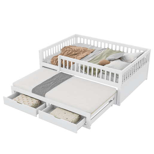 Sofá-cama em madeira maciça 140 x 200 cm - grade de segurança completa, cama extensível com 2 gavetas e estrado - branco