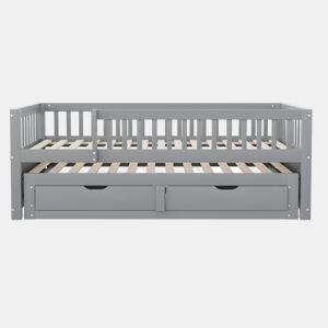 Sofá-cama em madeira maciça 90 x 200 cm - grade de segurança completa, cama extensível com 2 gavetas e estrado - cinza