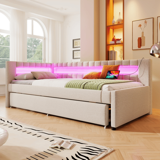 Daybett 90x200 cm - Sofá-cama com LED, cama extraível, USBType-C - Linho bege