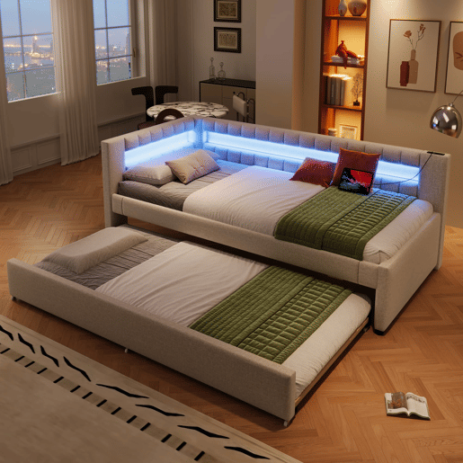 Daybett 90x200 cm - Sofá-cama com LED, cama extraível, USBType-C - Linho bege