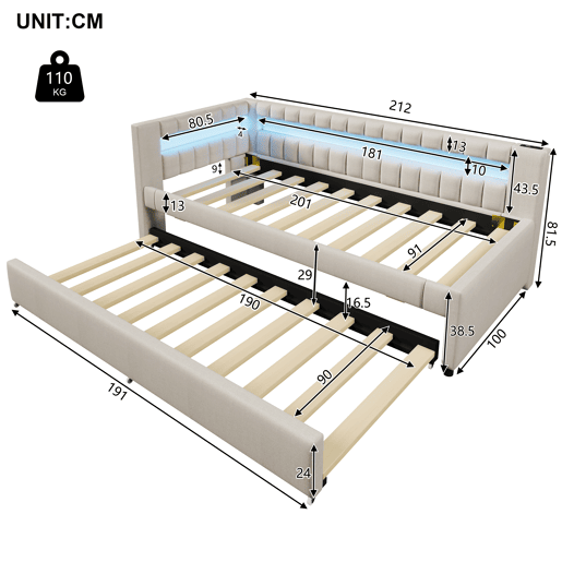 Daybett 90x200 cm - Sofá-cama com LED, cama extraível, USBType-C - Linho bege