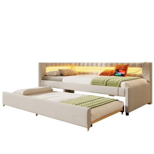 Daybett 90x200 cm - Sofá-cama com LED, cama extraível, USBType-C - Linho bege