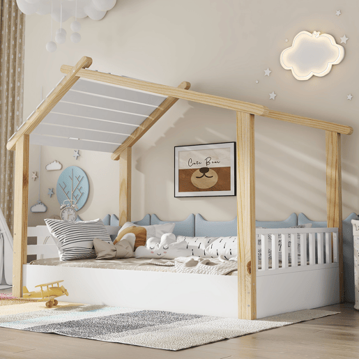 Cama infantil 90x190cm - Design de casa de madeira, ripas estáveis, cor branca+natural Cama infantil 90x190cm - Design de casa de madeira, ripas estáveis, cor branca+natural
