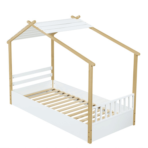 Cama infantil 90x190cm - Design de casa de madeira, ripas estáveis, cor branca+natural Cama infantil 90x190cm - Design de casa de madeira, ripas estáveis, cor branca+natural
