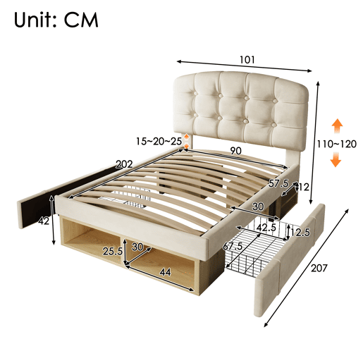 Cama de solteiro de veludo 90x200 cm,bege