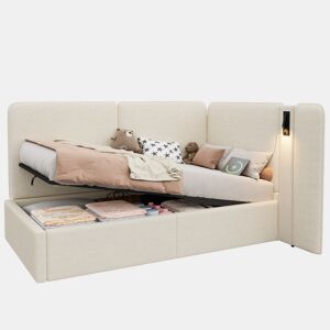 Cama de solteiro de tecido 90x200 cm com armazenamento,bege
