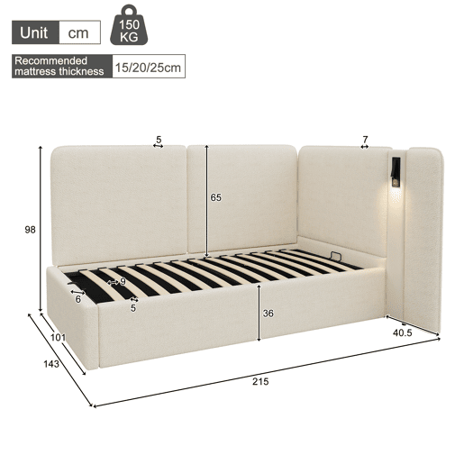Cama de solteiro de tecido 90x200 cm com armazenamento,bege