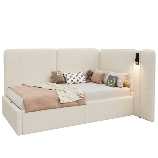 Cama de solteiro de tecido 90x200 cm com armazenamento,bege