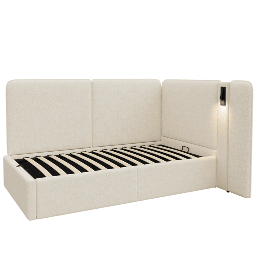 Cama de solteiro de tecido 90x200 cm com armazenamento,bege