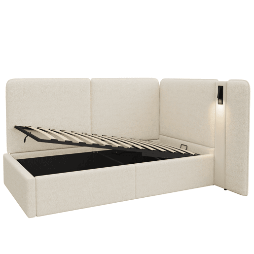 Cama de solteiro de tecido 90x200 cm com armazenamento,bege