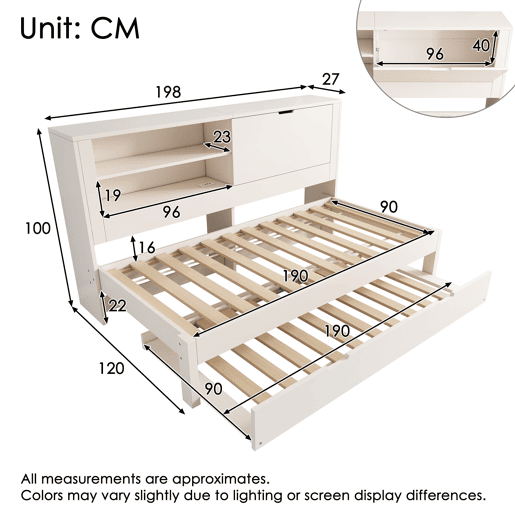 Sofá-cama individual 90x190 cm - com cama extra, arrumação, USBUSB-C, sem colchão - branco