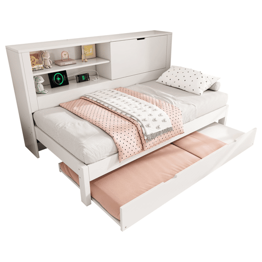 Sofá-cama individual 90x190 cm - com cama extra, arrumação, USBUSB-C, sem colchão - branco