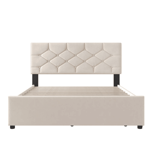 Cama estofada 140x200 cm - com estrado, sem colchão, com gaveta com rodízios, veludo, minimalista - bege Cama estofada 140x200 cm - com estrado, sem colchão, com gaveta com rodízios, veludo, minimalista - bege